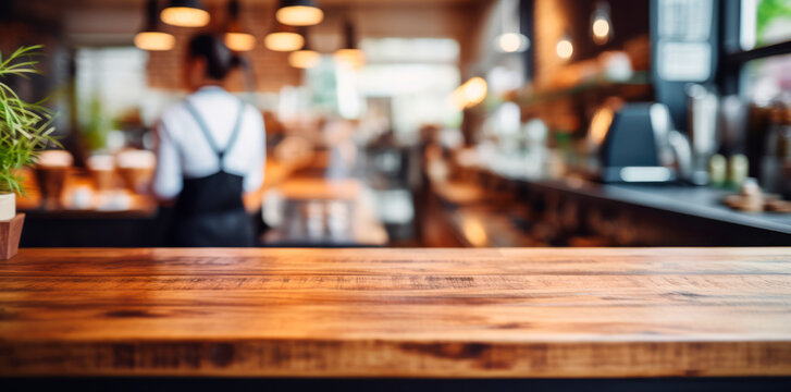 Top of wooden table on blur background with lights of bar, cafe, coffee shop or restaurant and barista . Using for mock up template for display of your design