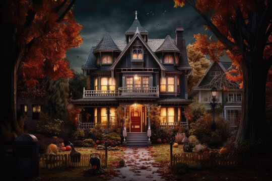 Casa antigua  embrujada de halloween iluminada por la noche, rodeada de arboles en la naturaleza