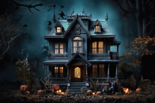 Casa antigua  embrujada de halloween iluminada por la noche, rodeada de arboles en la naturaleza