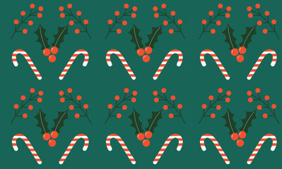 Christmas and New Year seamless pattern background with festive elements:candy, holly berry. Green Background. Vector illustration.