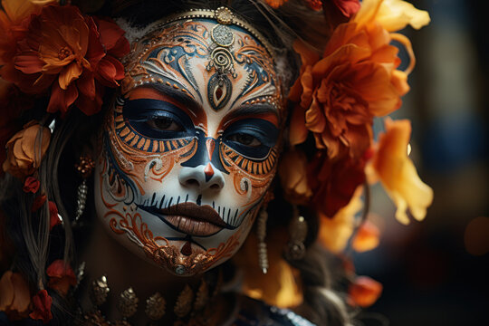 A close-up shot of a beautifully painted face wearing traditional Dia de los Muertos makeup, showcasing the intricate designs and vibrant colors that symbolize the holiday's spirit. Generative Ai