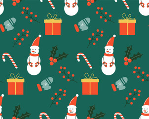 Christmas and New Year seamless pattern background with festive elements: gifts, candy,snowman, Ilex or holly berry on green background.