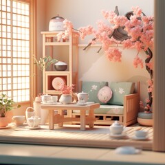 Tranquil Japanese Tea Ceremony Room 3d illustration