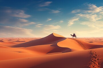 Fototapeta na wymiar A vast desert landscape with sand dunes and a majestic camel caravan crossing the horizon. 