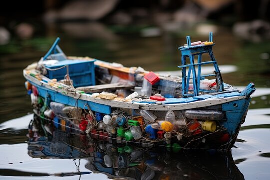 Boat made of plastic waste. Preserve oceans and planet earth. Recycle and Ecology concept. Generative Ai