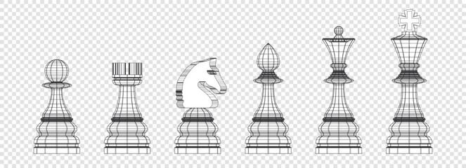 Fototapeta na wymiar Vector set of contour chess pieces. Collection of wireframe polygonal shapes. King, queen, bishop, knight, rook and pawn. Isolated background.
