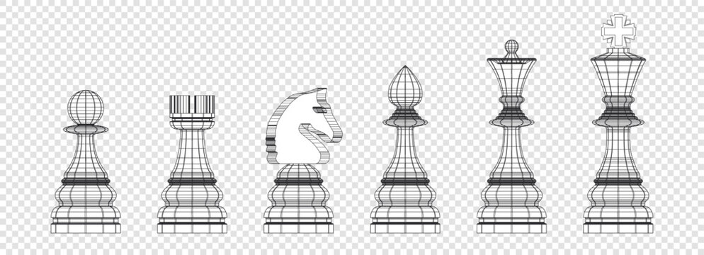 Vector set of contour chess pieces. Collection of wireframe polygonal shapes. King, queen, bishop, knight, rook and pawn. Isolated background.