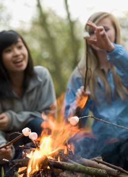 Two smiling teenaged girls roasting marshmallow over a campfire
