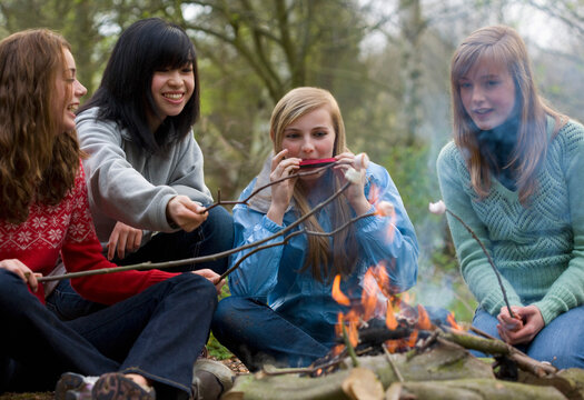 Teenage girls roasting marshmallow over campfire one is playing the harmonica
