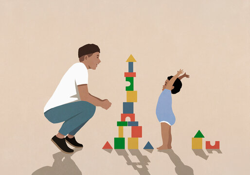 Father and happy baby son playing, stacking toy blocks
