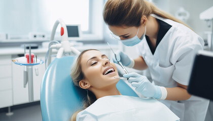 A photo Young female dentist with smiling female patient