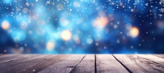 Beautiful winter snowy blurred defocused blue background and empty wooden floor.