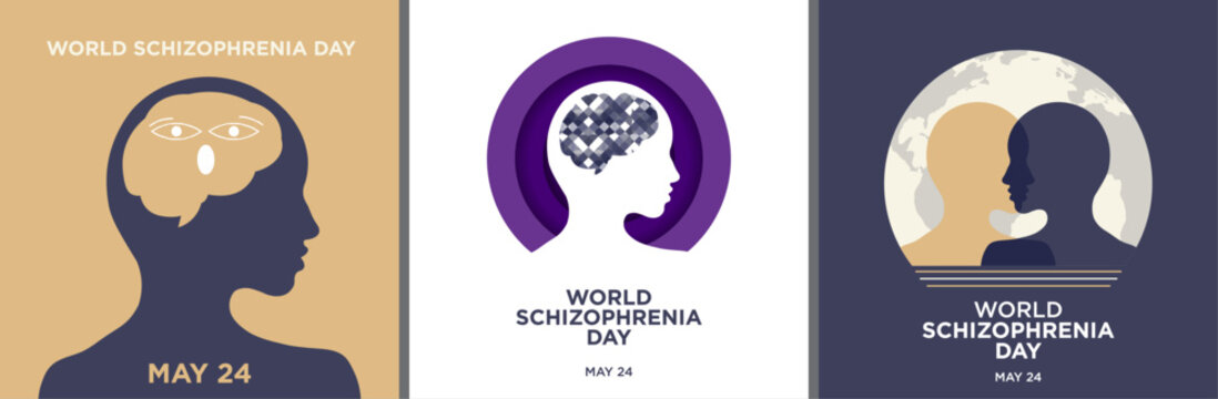 World Schizophrenia Day Set in square format. Vector Illustration. Minimalist and trendy concept. For social media, web, backgrounds, flyers, leaflet. Celebrated in May 24. Schizophrenia icons. - Powered by Adobe
