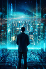 male businessman  standing in front of a big glass window and looking at the skyline of modern, futuristic big city. holograms surrounding him. technology, digitalization, concept - generative ai