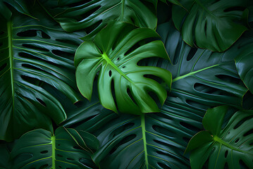 Closeup Nature View of Tropical Green Monstera Leaf Background. Flat Lay, Fresh Wallpaper Banner Concept.