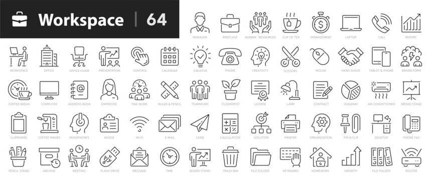 Workspace line icons set. Office and workspace line icons set. ?hair, coffee, time, manager, workspace, computer, desk - stock vector.