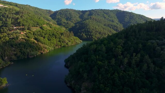 Lush Forest Mountains At Ribeira Sacra Near Belesar Village And Reservoir In Lugo, Galicia, Spain. Aerial Drone Shot