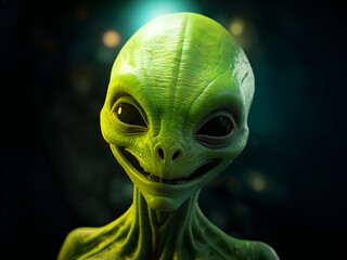 green alien with black eyes smiling in portrait photo with bokeh lights and dark background - obrazy, fototapety, plakaty