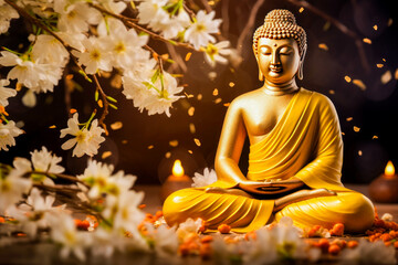 Golden Buddha statue on a flowers garden background. Meditation in lotus position. Spiritual zen god religion.
