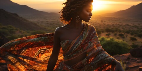 african woman in a beautiful sunset landscape - obrazy, fototapety, plakaty