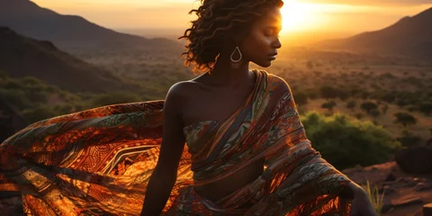 Tuinposter african woman in a beautiful sunset landscape © CROCOTHERY