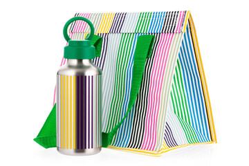Thermos sport bottle, canteen bottle and lunchbox thermo lunch bag isolated object on white...