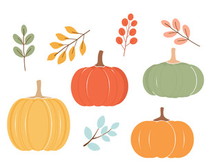 Pumpkin set and Autumn branch icon sign isolated on white background vector illustration.