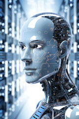 futuristic human face with cyborg brain as intelligence, robotics, technology, future concept, generative ai