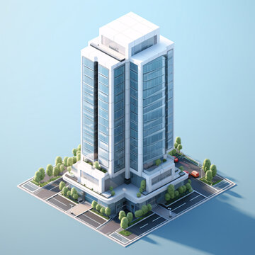 Isometric Business Glass Office Building. Isometric Modern Architecture Design. Sustainable Green Building. Office With Green Environment. Eco-friendly Skyscraper Corporate Building.