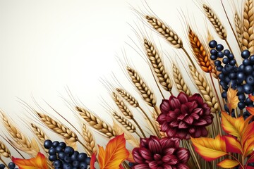 Wheat ears, grapes and flowers along the edge of a white background. Thanksgiving card
