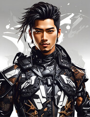 Obraz premium Japanese theme designs, handsome man wearing cyberpunk leather. Ai generative
