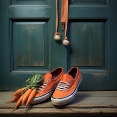 children's shoes outside the door with carrots for St. Nicholas's donkey or horse