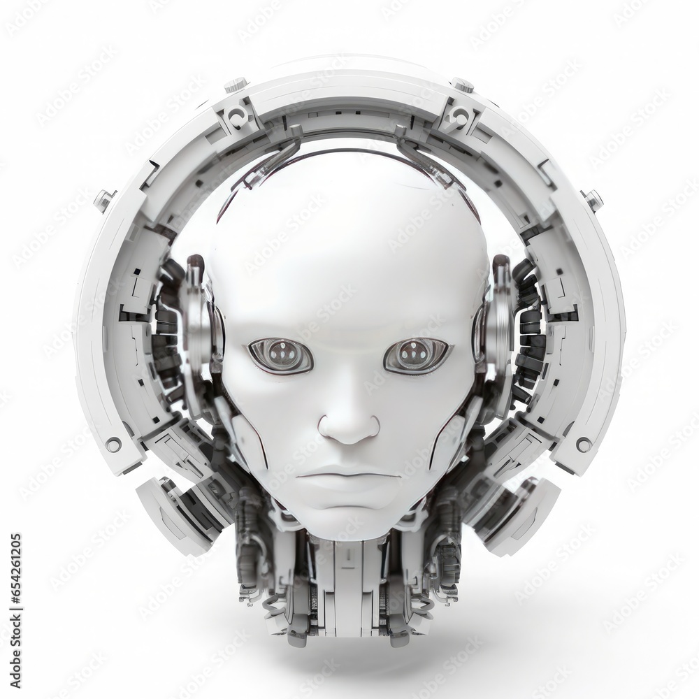 Poster robot head isolated on white background.generative ai