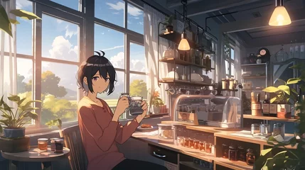 Deurstickers ［AI生成画像］カフェでお茶を飲む少女4 © 孝広 河野