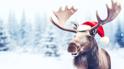Winter holiday composition with funny moose in Santa Claus hat on snowy forest landscape background. Hello winter. Concept of Christmas, New Year, winter vacation. Wild life. Copy space - obrazy, fototapety, plakaty