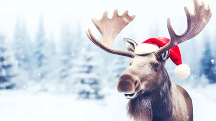 Fotobehang Winter holiday composition with funny moose in Santa Claus hat on snowy forest landscape background. Hello winter. Concept of Christmas, New Year, winter vacation. Wild life. Copy space © KRISTINA KUPTSEVICH