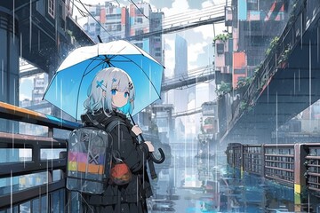 ［AI生成画像］雨が降る街で佇む少女1