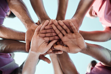 People, teamwork and hands together in sports collaboration, goals or community for motivation...
