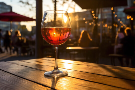 glass of light red wine on wooden table at a bar in warm afternoon sunlight dusk