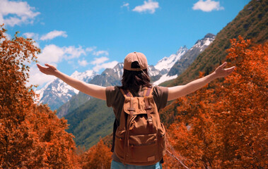 Girl with a backpack stands with her back and looks into the distance at the mountains. Active lifestyle, travel that inspires. Autumn landscape