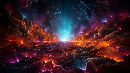 abstract colorful background. Bright neon tracing path, star tracks and glowing lines. The square shape black hole and the meteor shower.