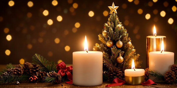 A beautiful background of candles decorated in the Christmas night with beautiful light and bokeh, copy space
