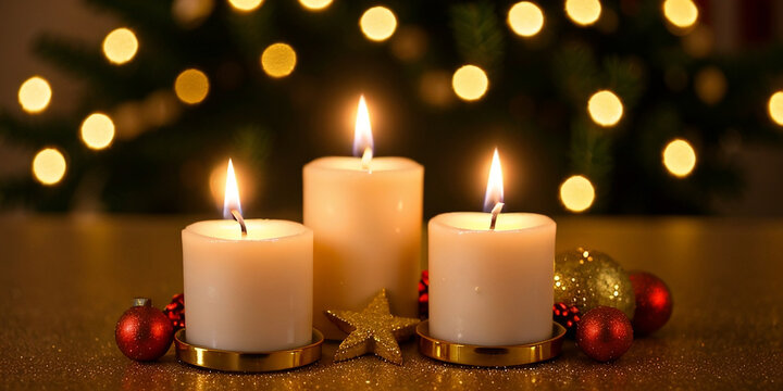 A beautiful background of candles decorated in the Christmas night with beautiful light and bokeh, copy space