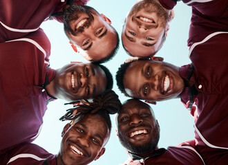 Man, rugby and portrait of sports team in huddle for outdoor training, teamwork or support below....