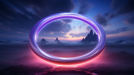 abstract geometric background, ring shape glows with neon light inside the soft colorful cloud, fantasy sky with blank linear round frame .