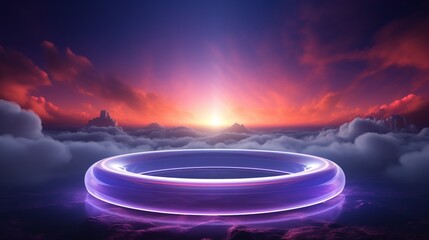 Fototapeta na wymiar abstract geometric background, ring shape glows with neon light inside the soft colorful cloud, fantasy sky with blank linear round frame .