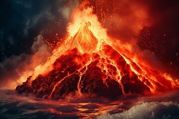 A picture of a volcano erupting and hot lava flowing into water, showcasing the intense fusion of fire and water. Generative AI