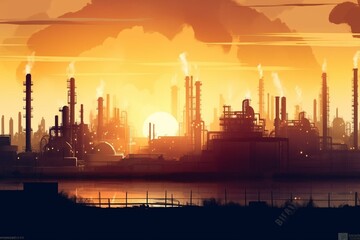 Illustration of heavy industry, atomic industry, chemical industry, refinery in the evening light. Generative AI