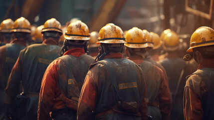 Back view of mine workers wearing helmets