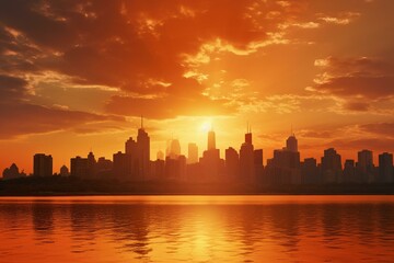 Beautiful skyline bathed in golden hues as the sun gracefully sets. Generative AI